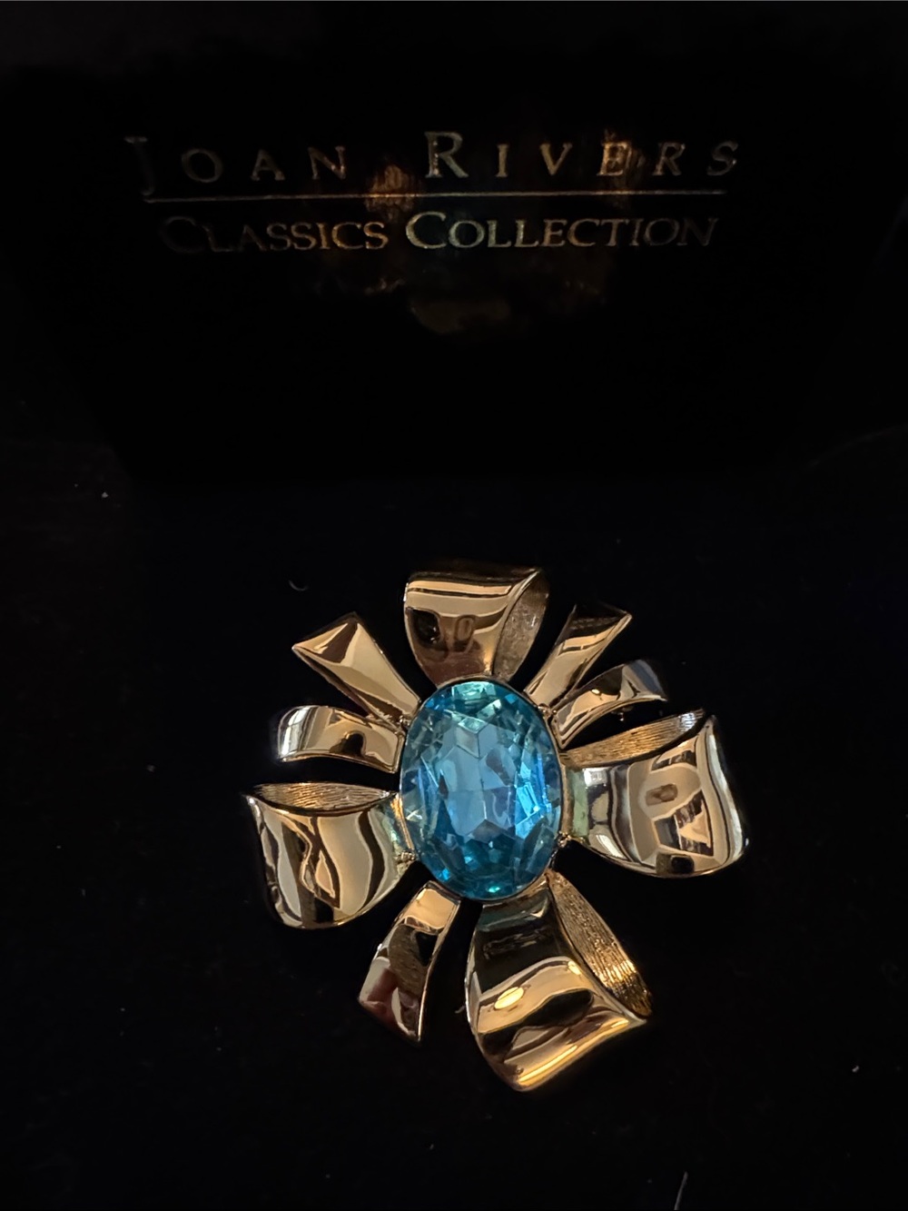 Joan Rivers Aqua Blue Crystal Flower Brooch - Gold Tone